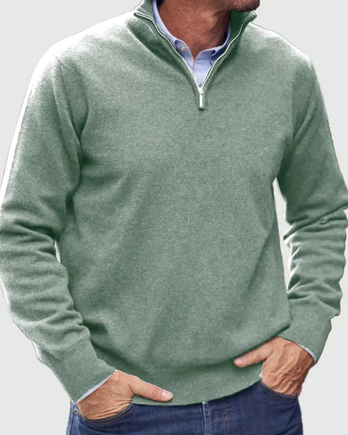Laurent groene half-zip trui, close-up van ritskraag