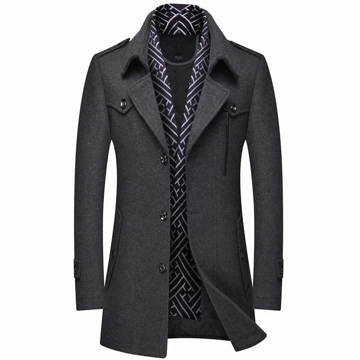 Laurent grijze slim fit winterjas met open sjaal, vooraanzicht