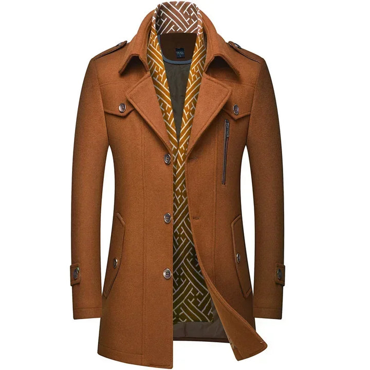 Laurent kameelkleurige slim fit winterjas met gestreepte voering, vooraanzicht