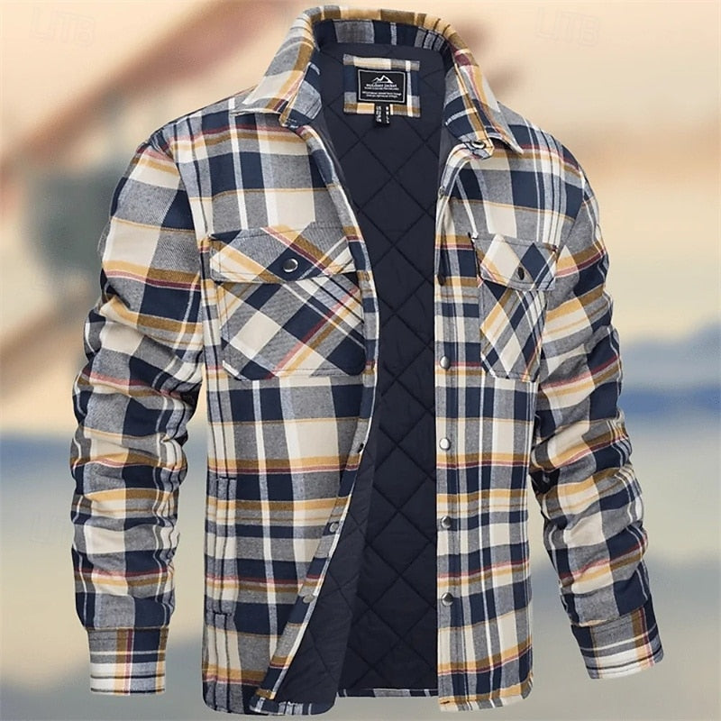 Maarten geel-marineblauw geruit gevoerd overshirt, vooraanzicht open gedragen
