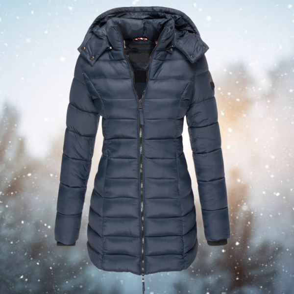 Marit lange gewatteerde winterjas met capuchon in marineblauw, vooraanzicht
