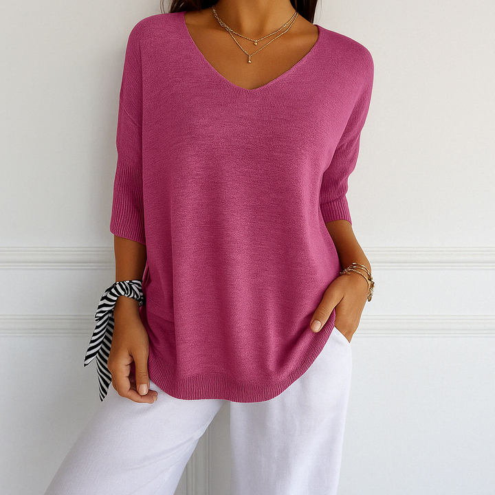 Marit roze V-hals pullover met korte mouwen, vooraanzicht