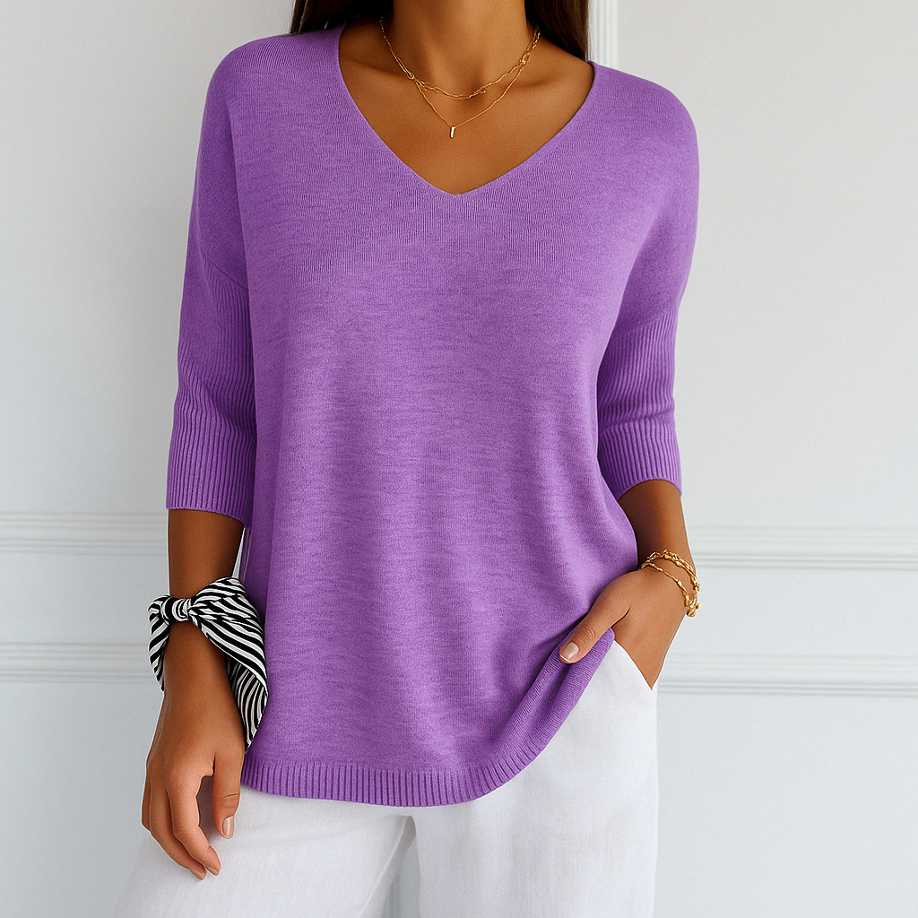 Marit lila V-hals pullover met korte mouwen, vooraanzicht