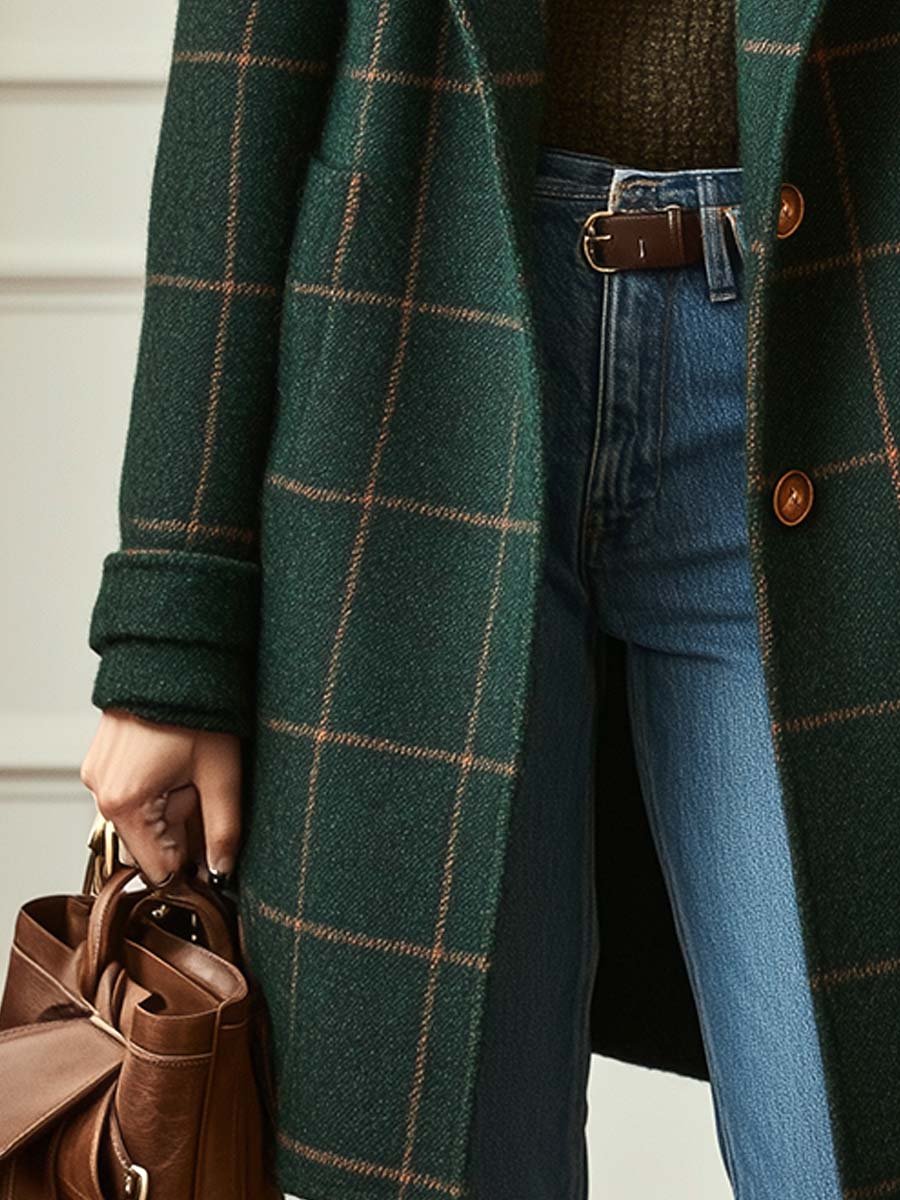 Detailopname van zakken en knopen van de Marit coat in groen
