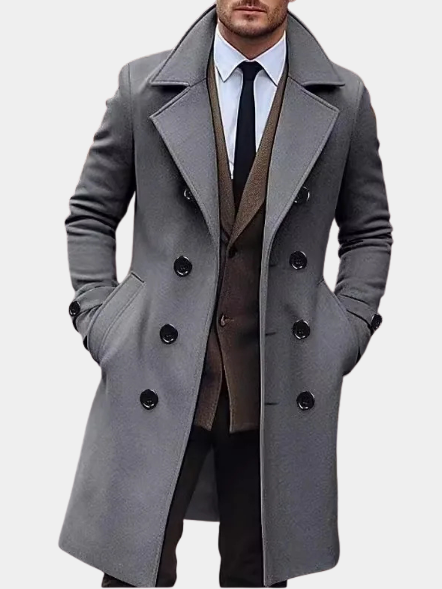 Maximilian grijze double-breasted trench coat, vooraanzicht close-up met stropdas en vest