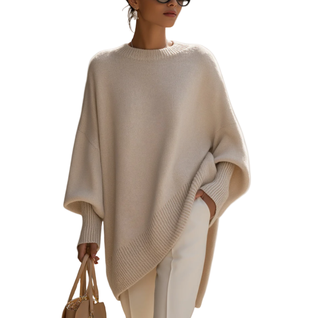 Merel beige oversized trui met asymmetrische zoom, vooraanzicht