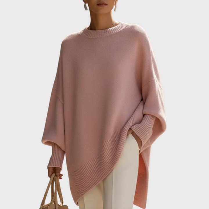 Merel roze oversized trui met ribboord mouwen, vooraanzicht