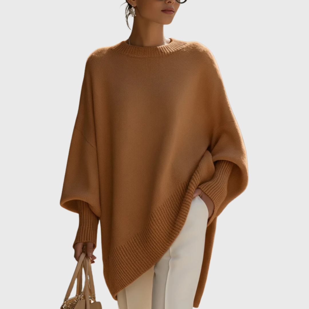 Merel bruine oversized trui met ronde hals, vooraanzicht