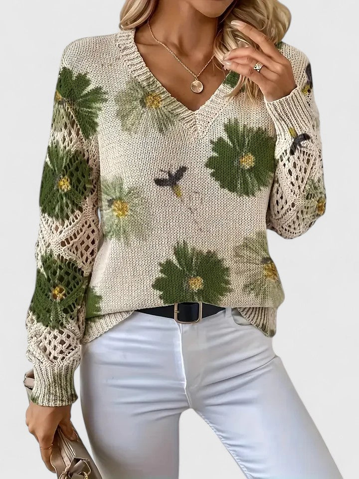 Merel bloemenprint trui in groene kleurstelling, vooraanzicht