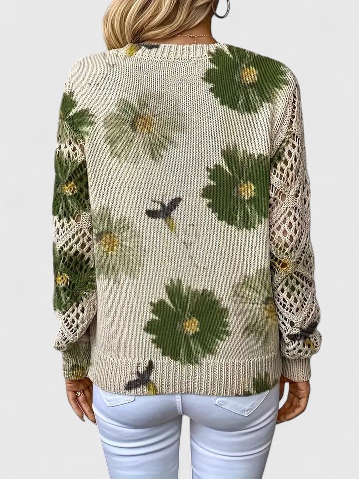 Merel bloemenprint trui in groene kleurstelling, achteraanzicht