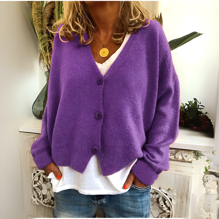 Merel paarse gebreide cardigan met V-hals, vooraanzicht