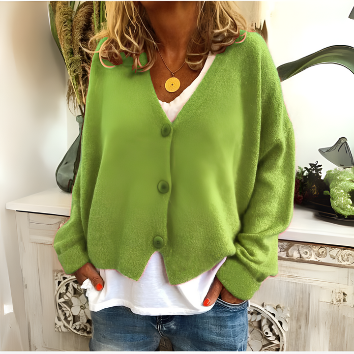 Merel groene gebreide cardigan met V-hals, vooraanzicht