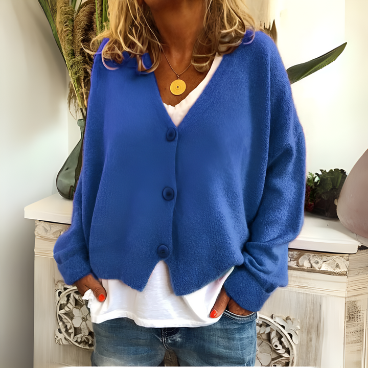 Merel blauwe gebreide cardigan met V-hals, vooraanzicht