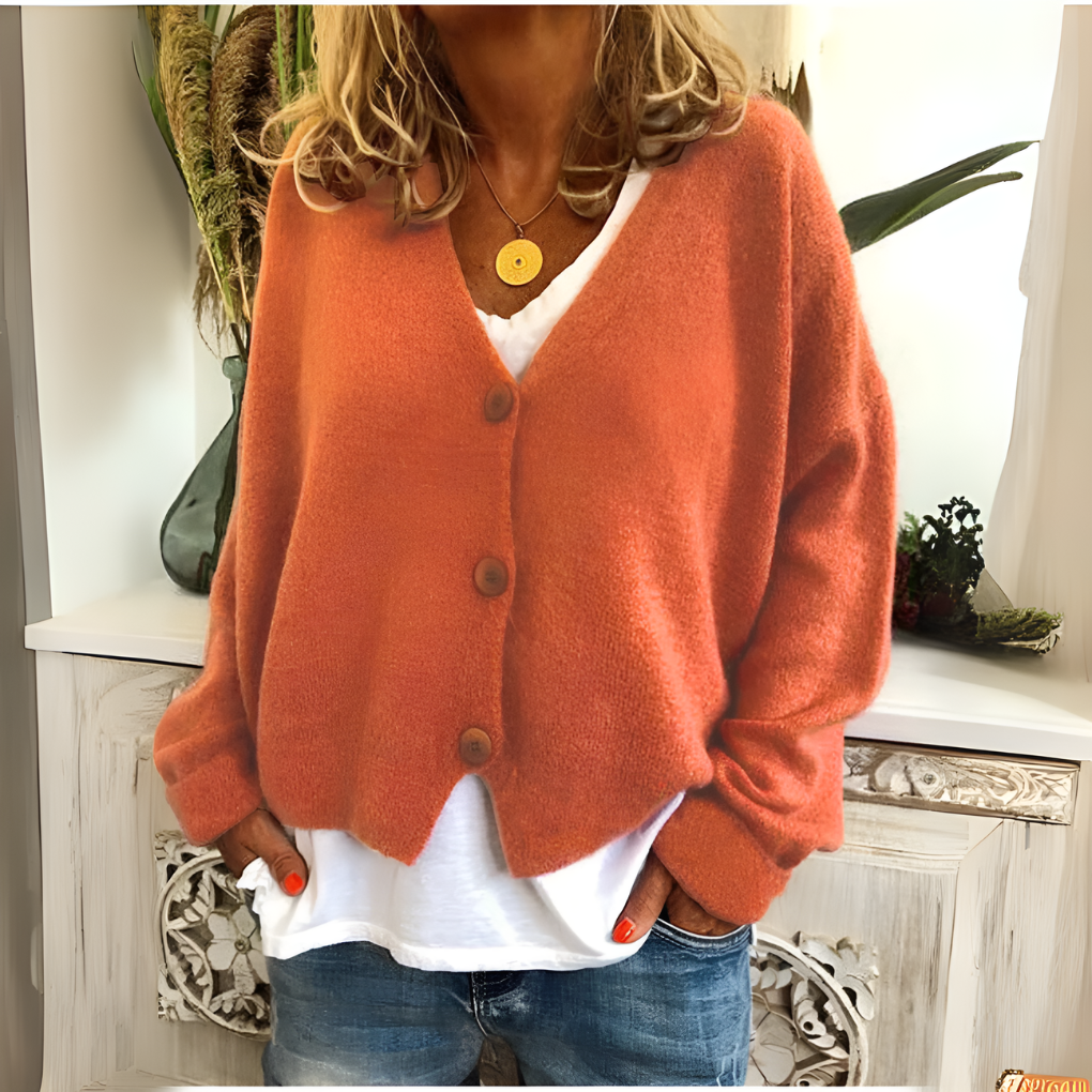 Merel oranje gebreide cardigan met V-hals, vooraanzicht