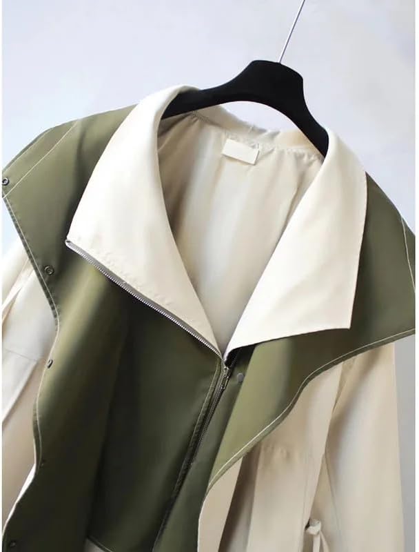 Merel trenchcoat hangend, close-up van omgeslagen kraag en rits