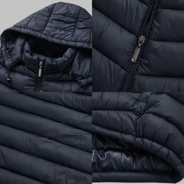 Detailfoto's van capuchon, rits en gewatteerde stof van de Milan puffer jas