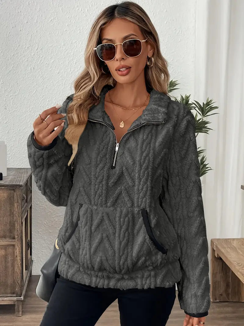 Nienke gebreide halve rits trui in donkergrijs, vooraanzicht
