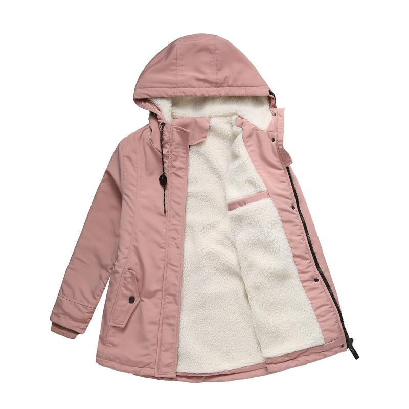 Nikita gewatteerde winterjas met capuchon in roze, open vooraanzicht met fleece voering