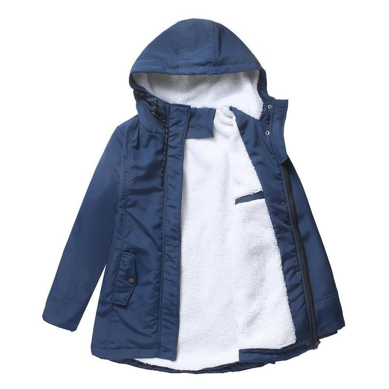 Nikita gewatteerde winterjas met capuchon in marineblauw, open vooraanzicht met fleece voering