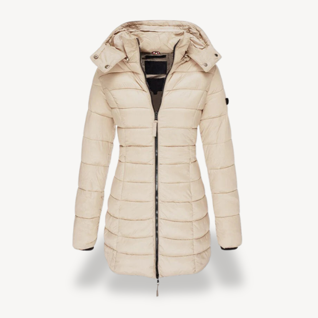 Noor beige gewatteerde puffer jas met capuchon, vooraanzicht