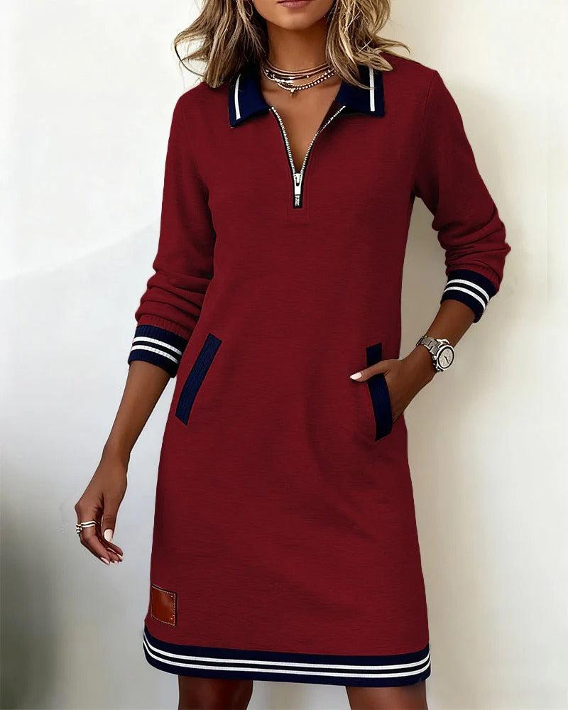 Nova polokraag midi-jurk met ritssluiting, close-up in bordeauxrood