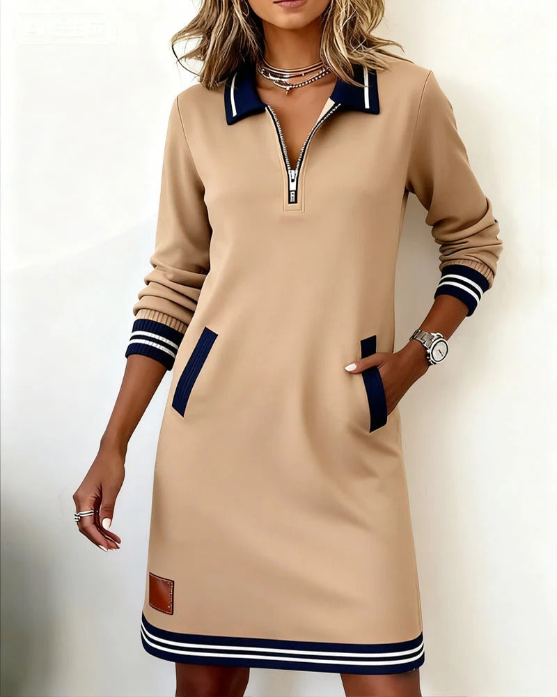 Nova polokraag midi-jurk met ritssluiting, vooraanzicht in beige