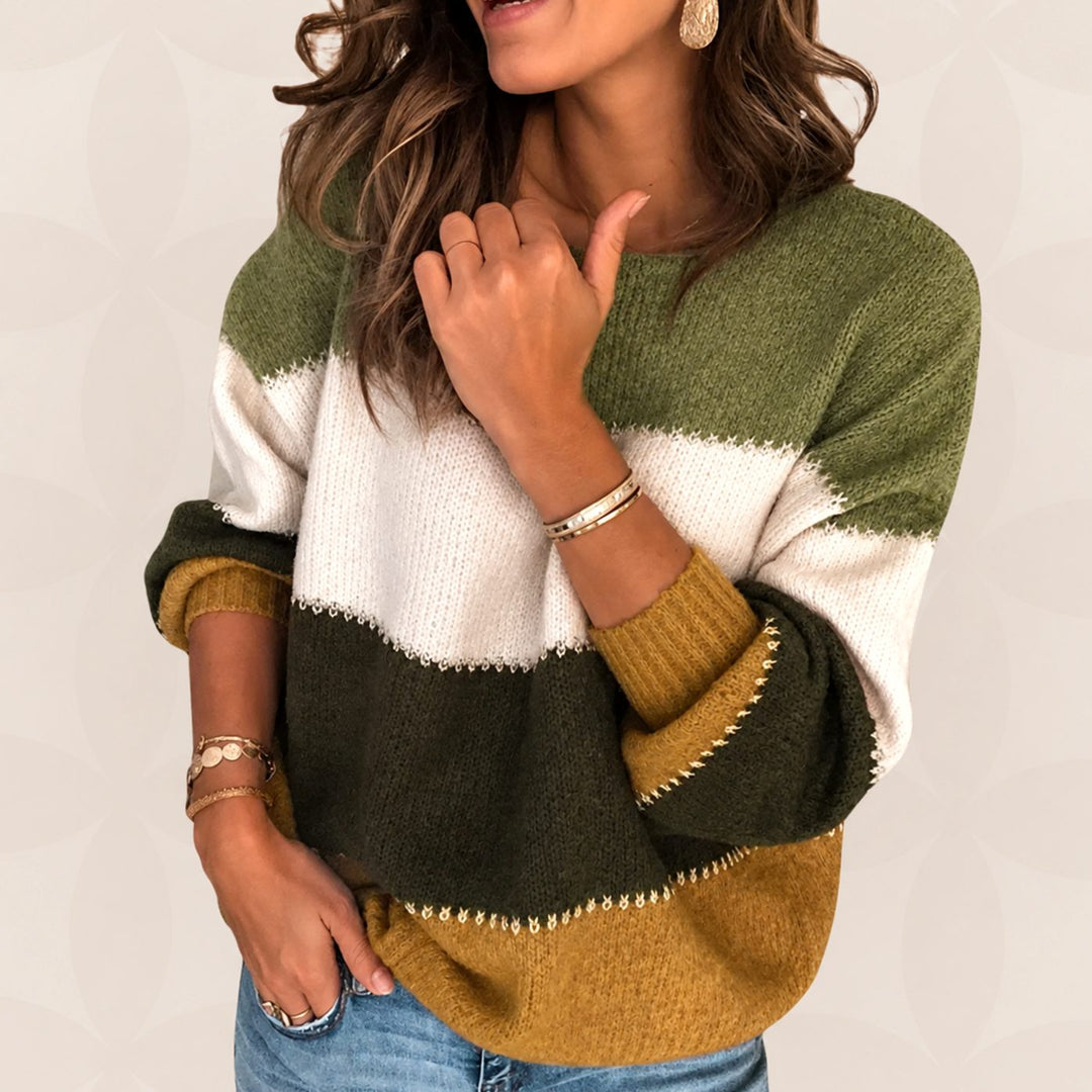Sanne gestreepte trui in groen, beige en mosterdgeel