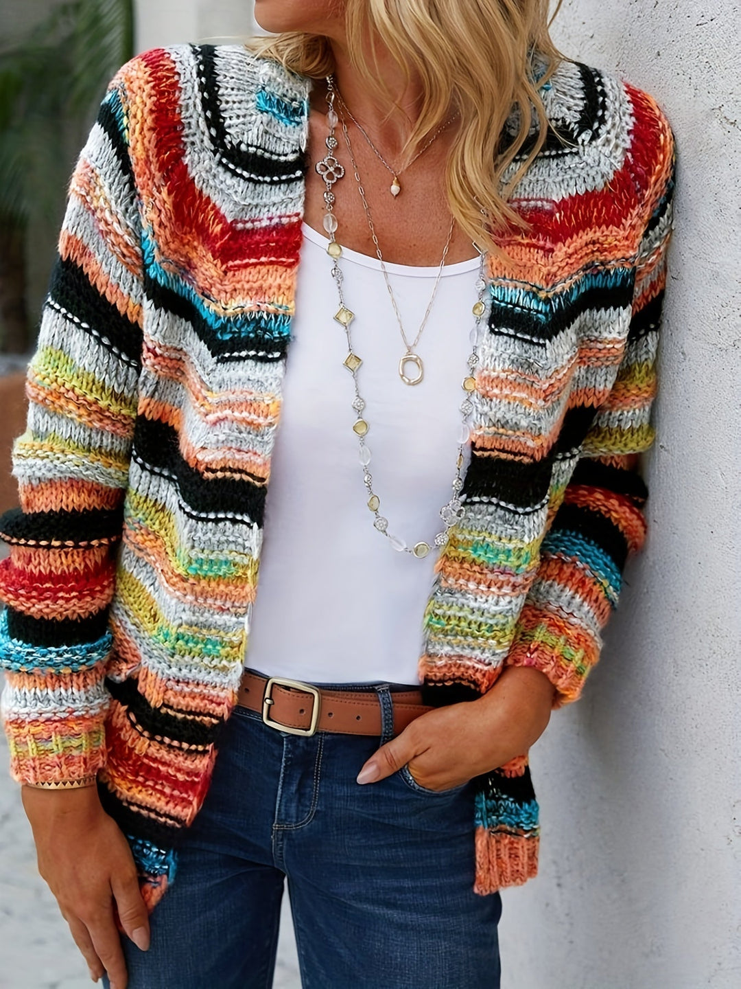 Sanne meerkleurige gebreide cardigan met open voorkant, vooraanzicht detail