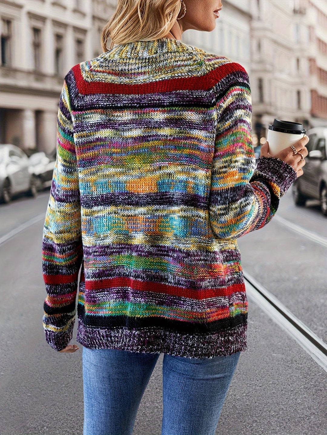 Sanne paarstinten cardigan gedragen met tas, detailweergave
