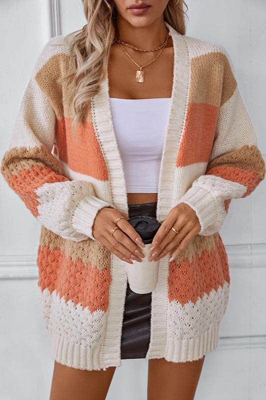 Sanne gestreepte oversized cardigan, vooraanzicht met tas