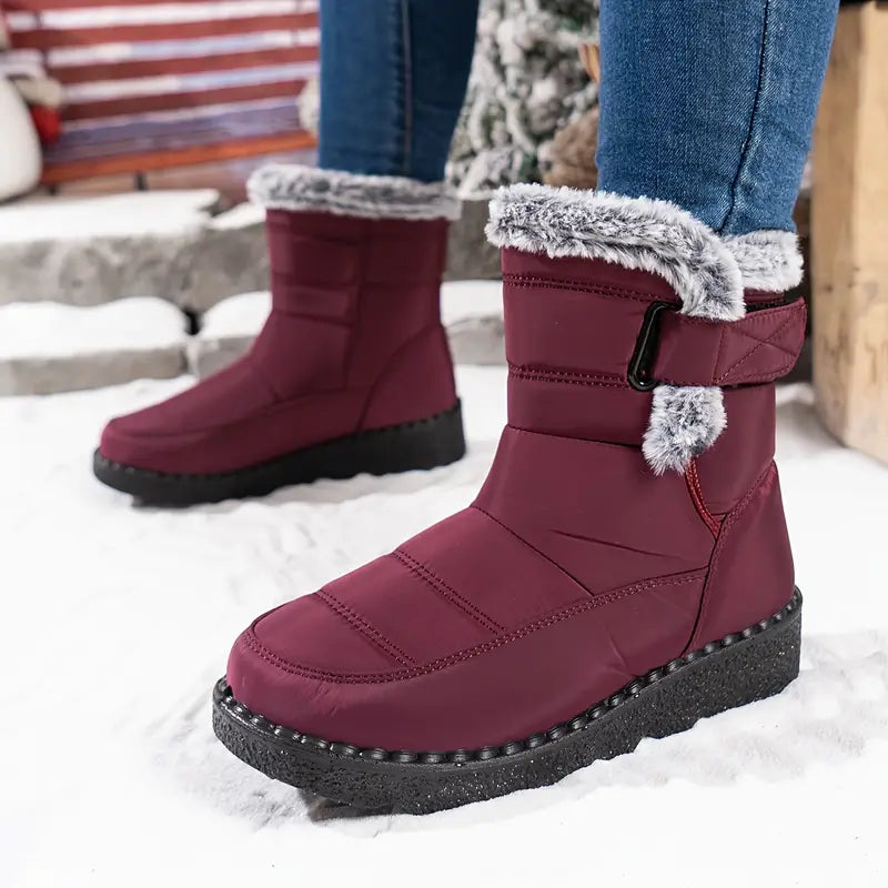 Sanne bordeauxrode gevoerde snowboots gedragen in de sneeuw