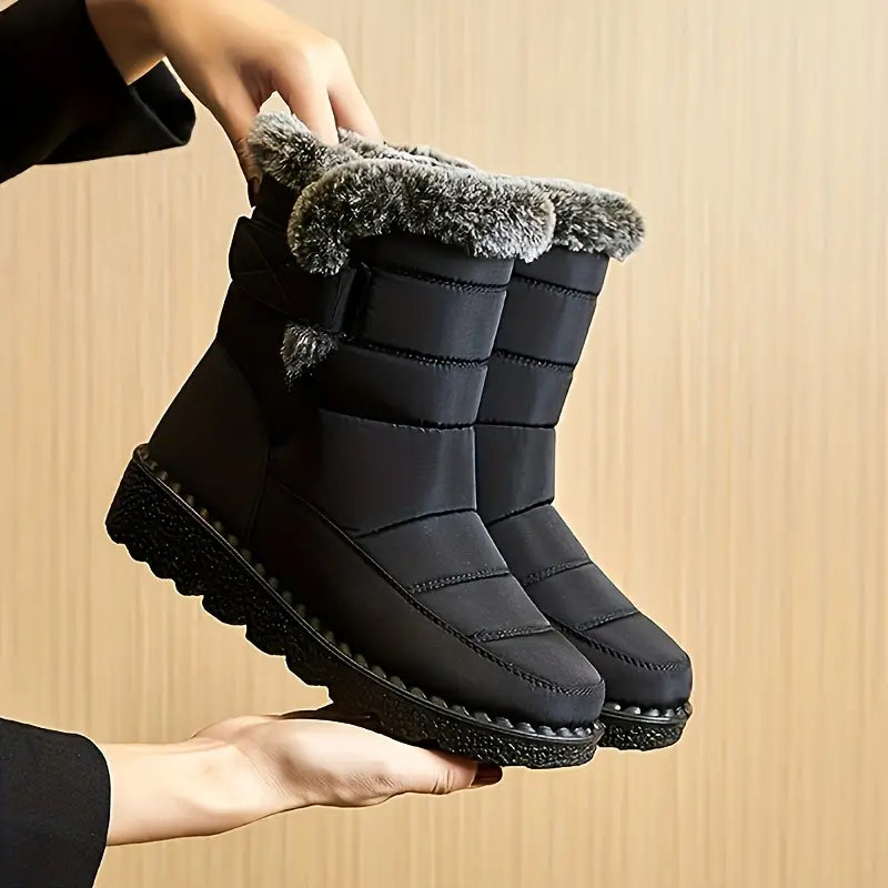 Sanne zwarte gevoerde enkelhoge snowboots met bontrand, vasthouden in handen