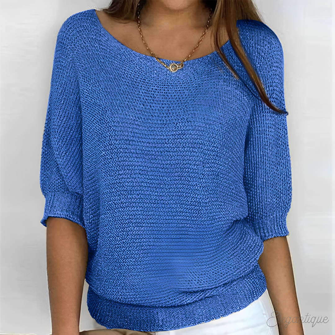 Sanne blauwe gebreide losse pullover met ronde hals, vooraanzicht