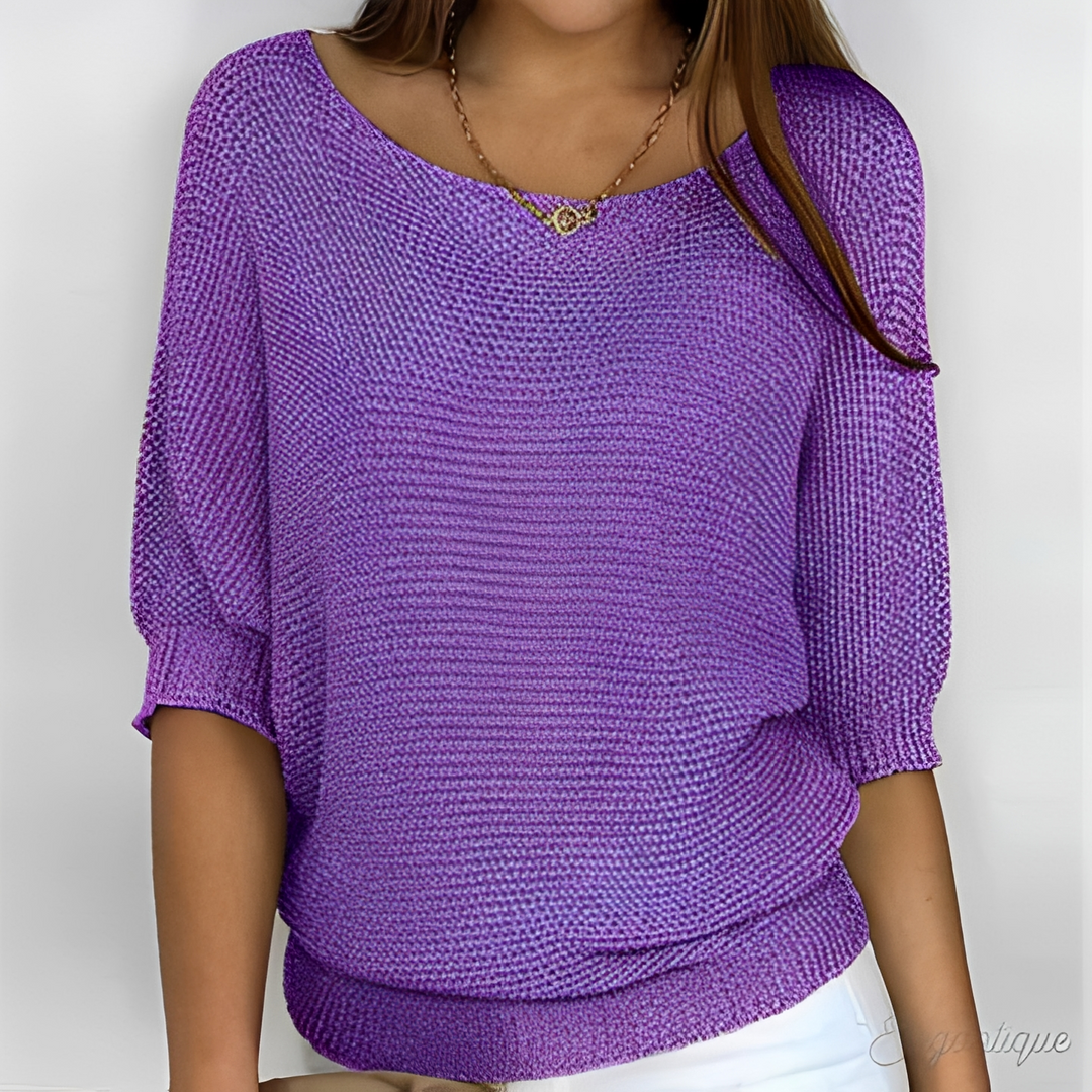 Sanne paarse gebreide losse pullover met ronde hals, vooraanzicht