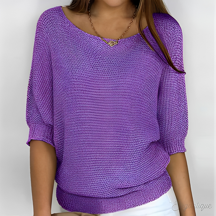 Sanne paarse gebreide losse pullover met ronde hals, vooraanzicht
