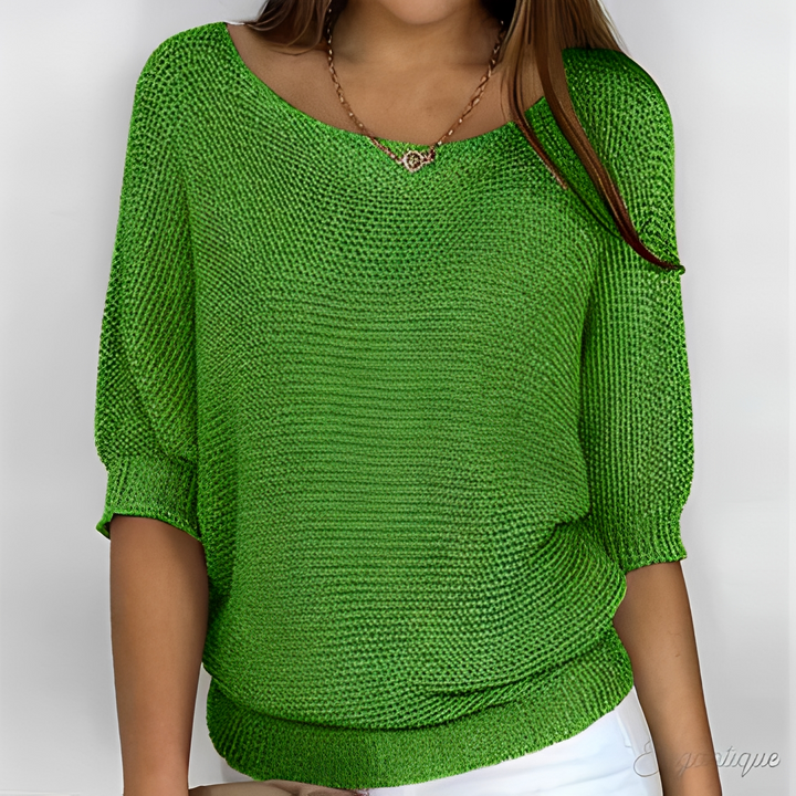 Sanne groene gebreide losse pullover met ronde hals, vooraanzicht