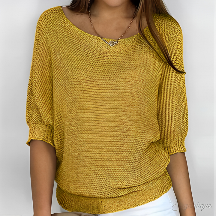 Sanne gele gebreide losse pullover met ronde hals, vooraanzicht