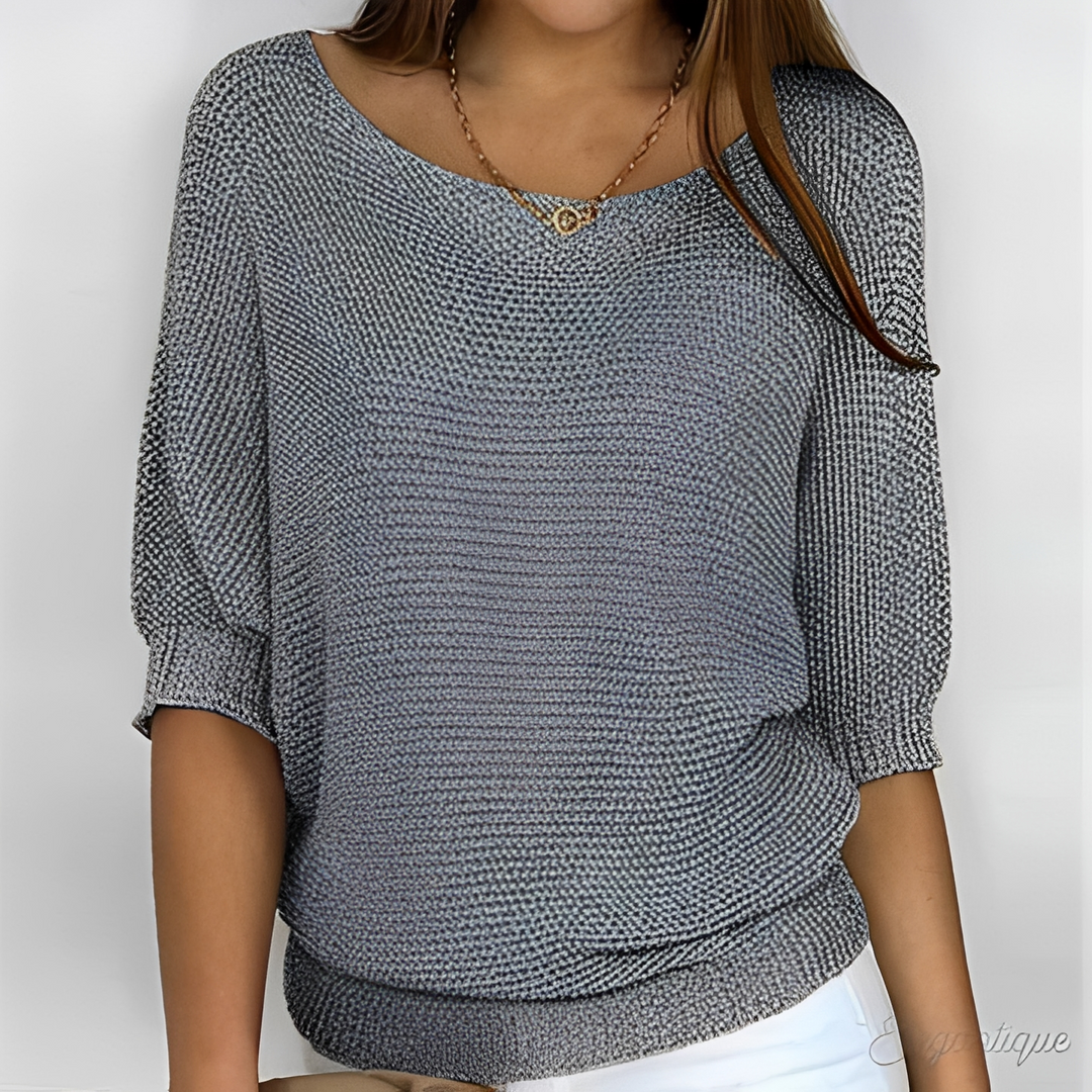 Sanne grijze gebreide losse pullover met ronde hals, vooraanzicht