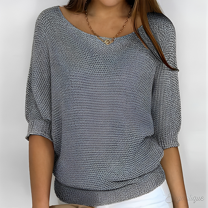 Sanne grijze gebreide losse pullover met ronde hals, vooraanzicht