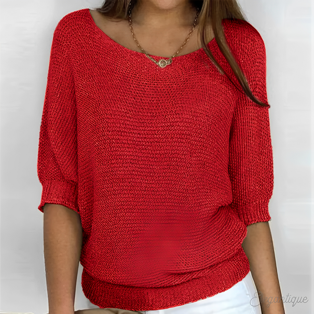 Sanne rode gebreide losse pullover met ronde hals, vooraanzicht