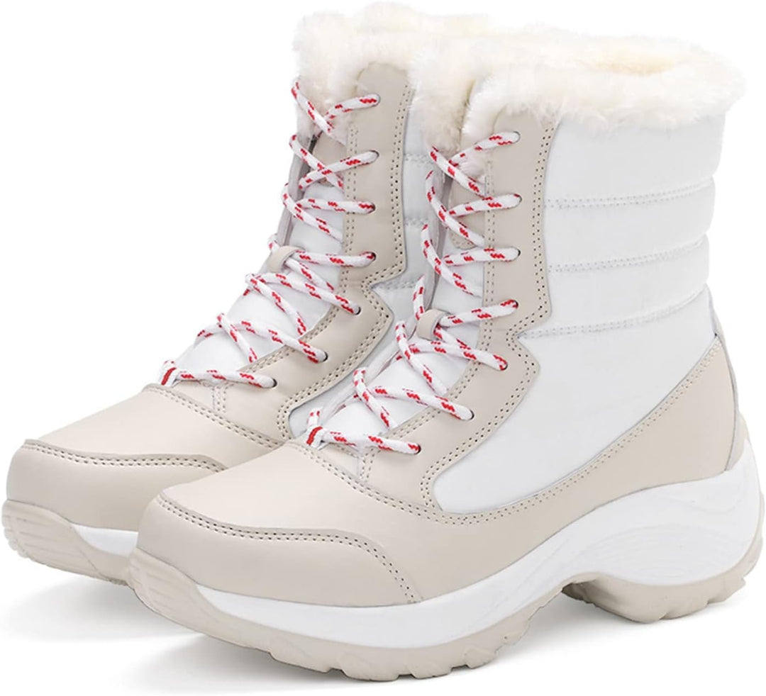 Sanne beige veter plateau snowboots met bontrand, zijaanzicht