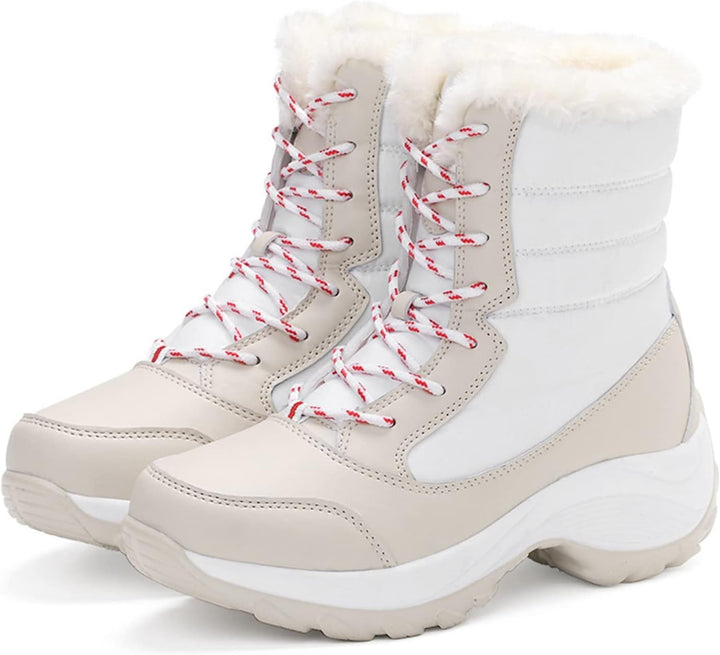Sanne beige veter plateau snowboots met bontrand, zijaanzicht