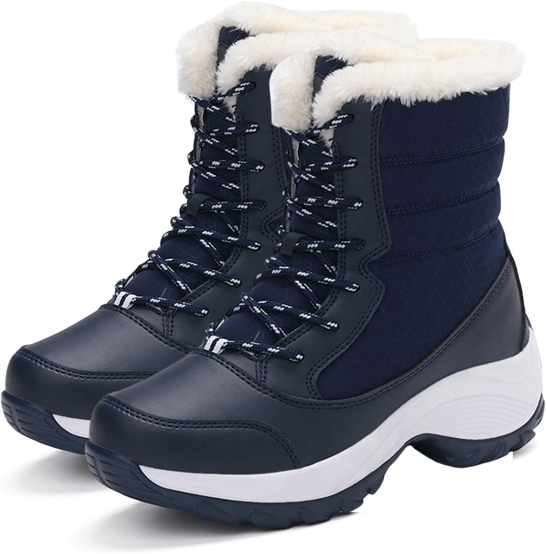 Sanne blauwe veter plateau snowboots met bontrand, zijaanzicht