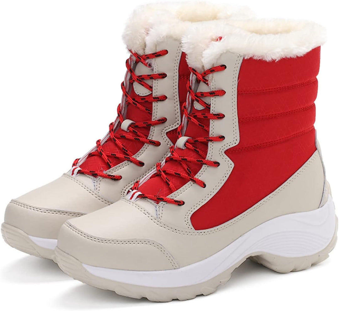 Sanne rode veter plateau snowboots met bontrand, zijaanzicht
