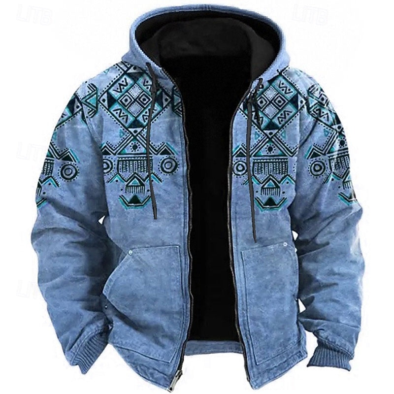 Sven capuchon vest met etnisch patroon in blauw, vooraanzicht open