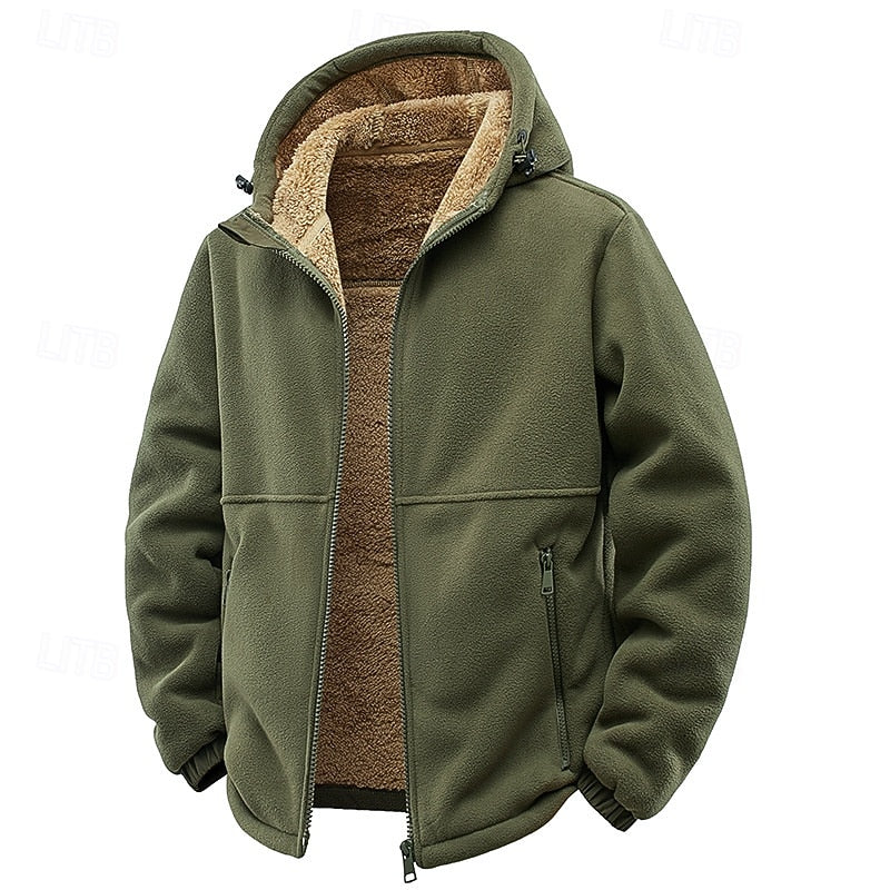 Sven legergroen fleece capuchon jack met rits, vooraanzicht open