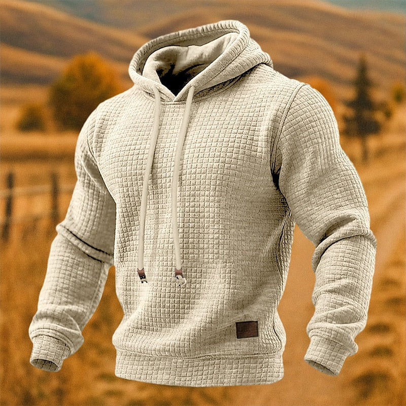 Sven beige getextureerde pullover hoodie met capuchon, vooraanzicht