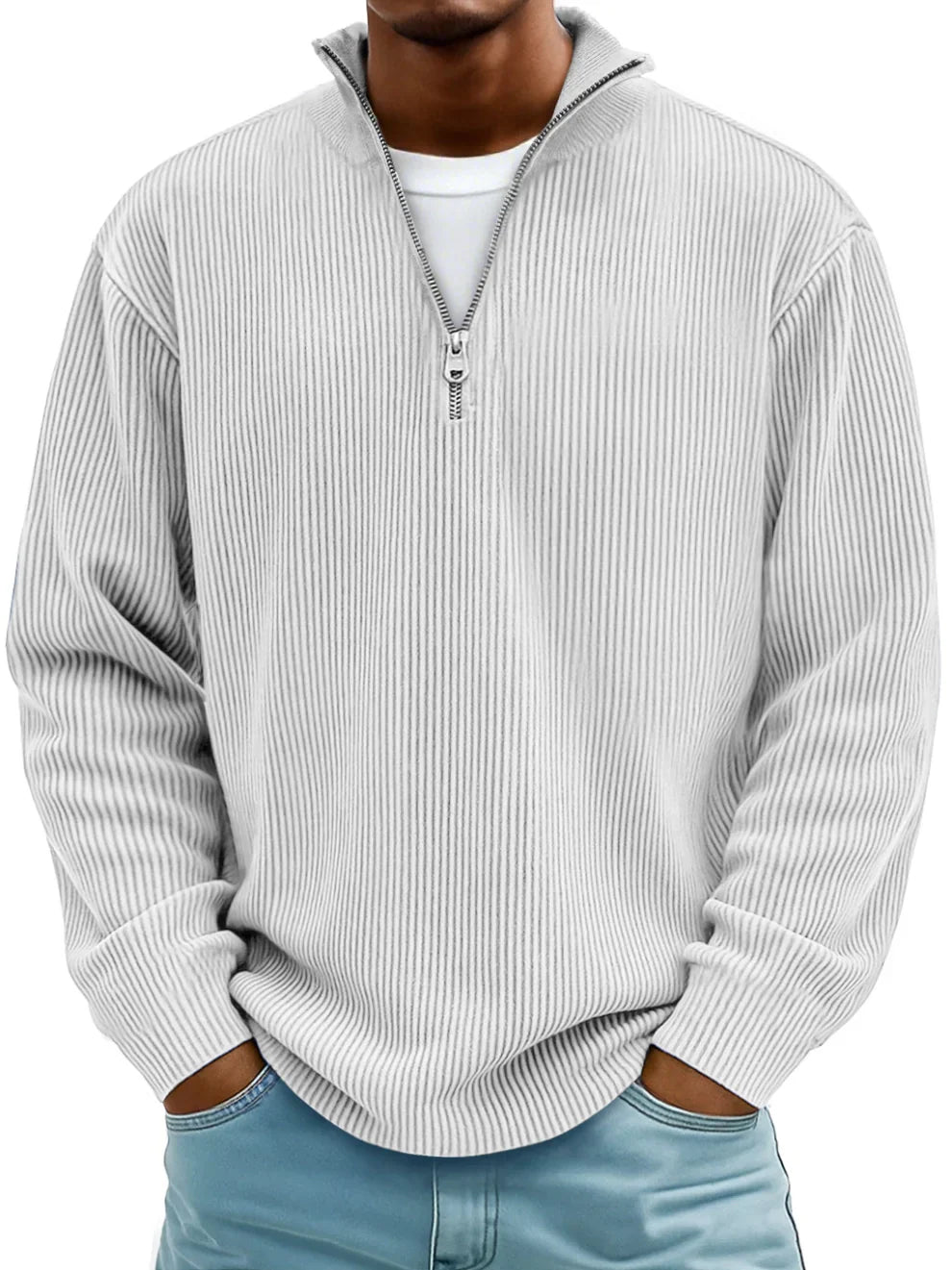 Thijs geribbelde half-zip sweater in wit, vooraanzicht