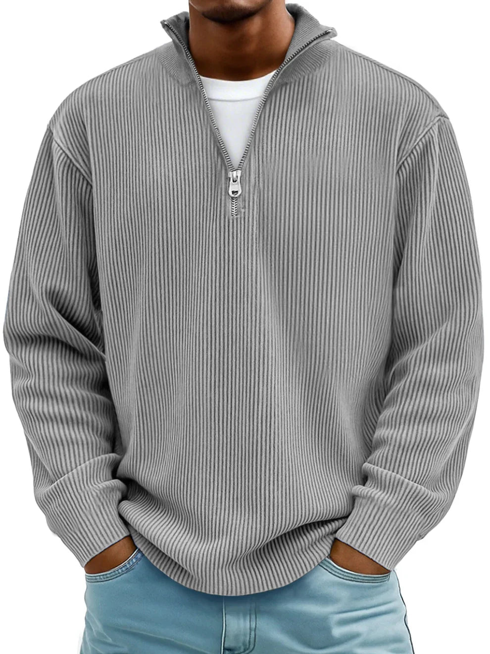 Thijs geribbelde half-zip sweater in grijs, vooraanzicht