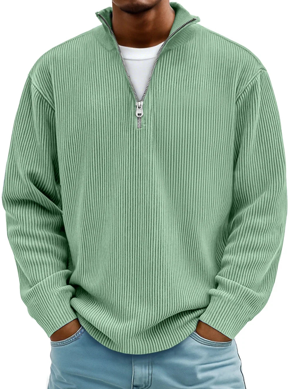 Thijs geribbelde half-zip sweater in lichtgroen, vooraanzicht
